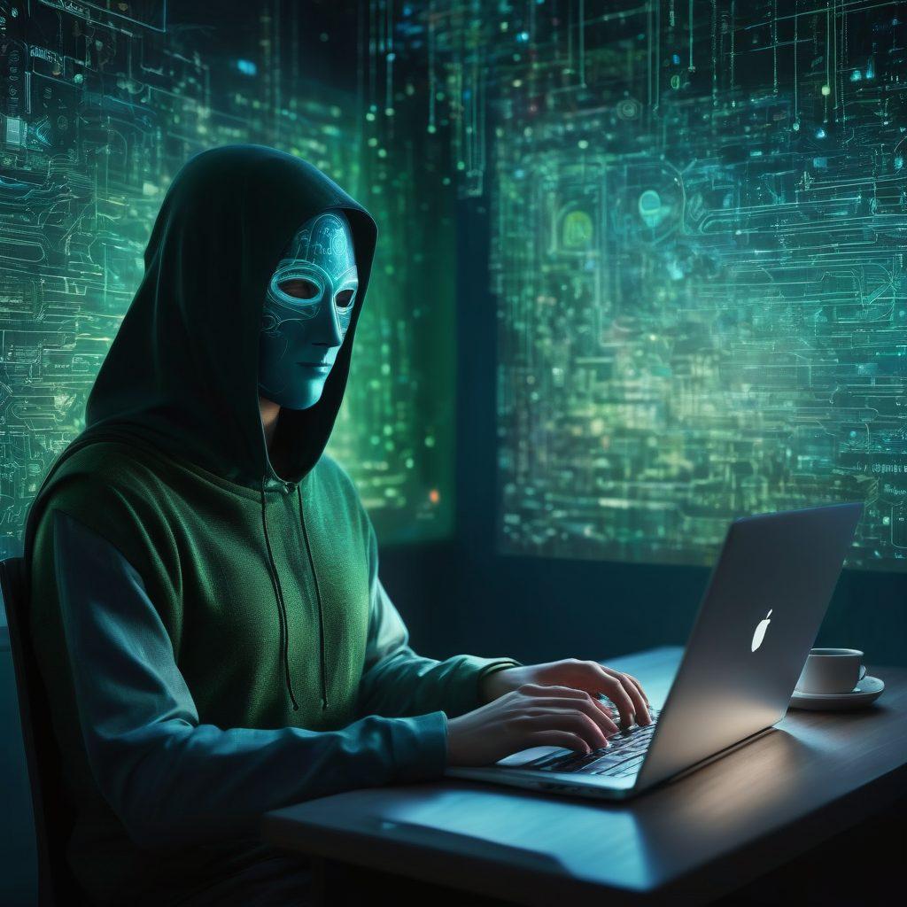 A digital landscape showcasing a masked figure using a laptop with a glowing screen, surrounded by symbols representing privacy and security such as locks and shields. In the background, depict a serene, abstract representation of the internet with flowing data streams and camouflaged elements, illustrating the concept of anonymity. The color palette should include dark blues and greens to create a sense of mystery and depth. super-realistic. vibrant colors.