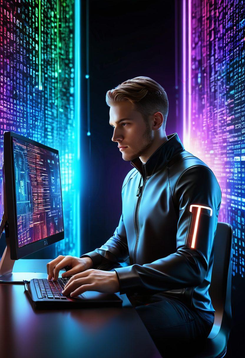 A person sitting at a computer surrounded by digital shields and locks, symbolizing protection and security online. In the background, a vibrant digital landscape with data streams and binary code. The figure should be focused, with expression of determination and focus, highlighting the importance of safeguarding one's digital presence. super-realistic. vibrant colors. 3D.